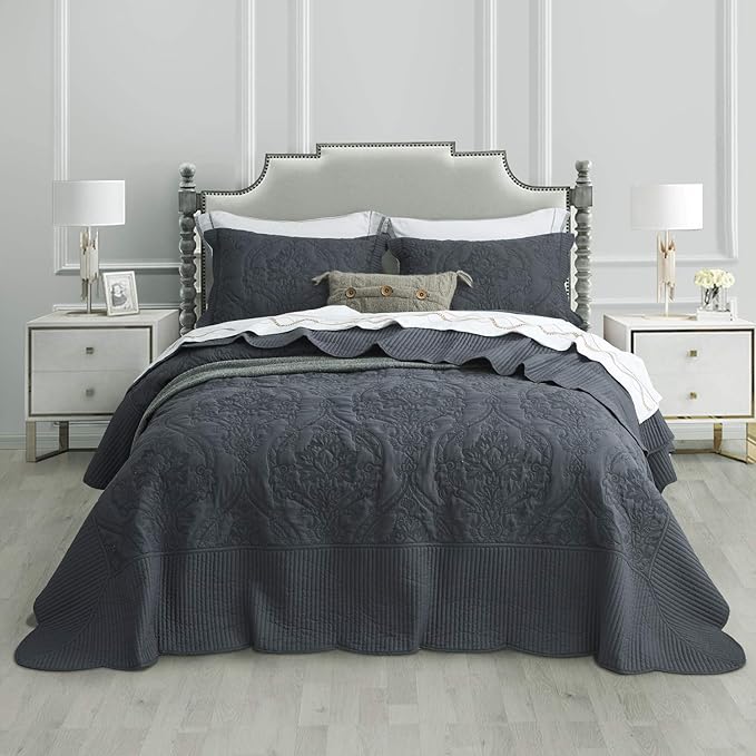 CHIXIN Bedspread Coverlet Set Queen Size - Lightweight Bedding Cover - Beautiful Stitching - 5 Piece Reversible Bedspread - Gorgeous Damask Paisley Pattern (Queen, Dark Grey)