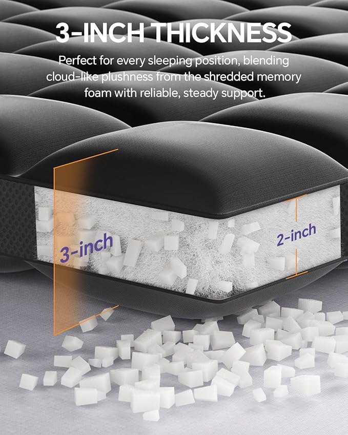 Dual Layer 5 Inch Memory Foam Mattress Topper King - 2 Inch Gel Memory Foam and 3 Inch Pillow Top Mattress Pad, 7-Zone Egg Crate King Size Mattress Topper (Black)