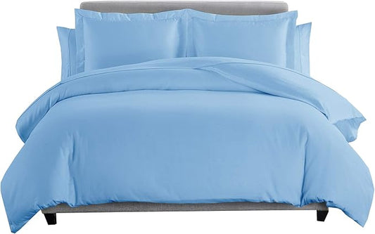 8 Pieces 100% Cotton Solid Blue Queen Goose Down Bed in a Bag Set Including 600TC Sheet Set + 600TC Duvet Cover Set+ All Season Striped Goose Down Comforter 600 Fill Power