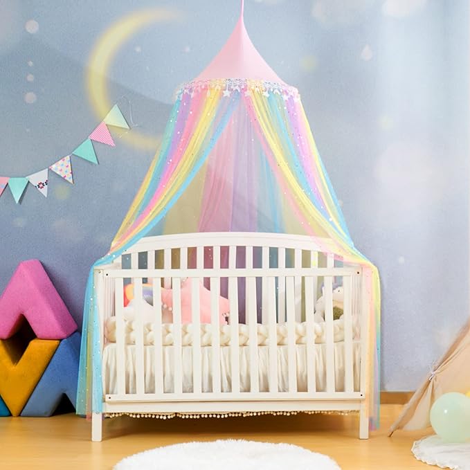 Rainbow Bed Canopy for Girls,Shiny Kids Princess Round Dome Bed Curtain with Star Moon Glitter,Kids Crib Canopy Play Tent Canopy Dreamy Bed Netting