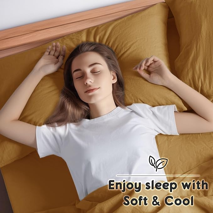 SONORO KATE 100% French Pure Linen Queen Size Sheets, Breathable and Durable, 16 Inch Deep Pocket - 4 Piece (Rust)