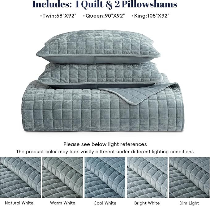 PHF Luxurious Velvet Quilt Set Queen Size – 3PCS Super Soft Quilted Comforter Alternative with Square-Box Quilt Pattern, Warm Quilted Bedspread Coverlet, 90" x 92", Dusty Blue