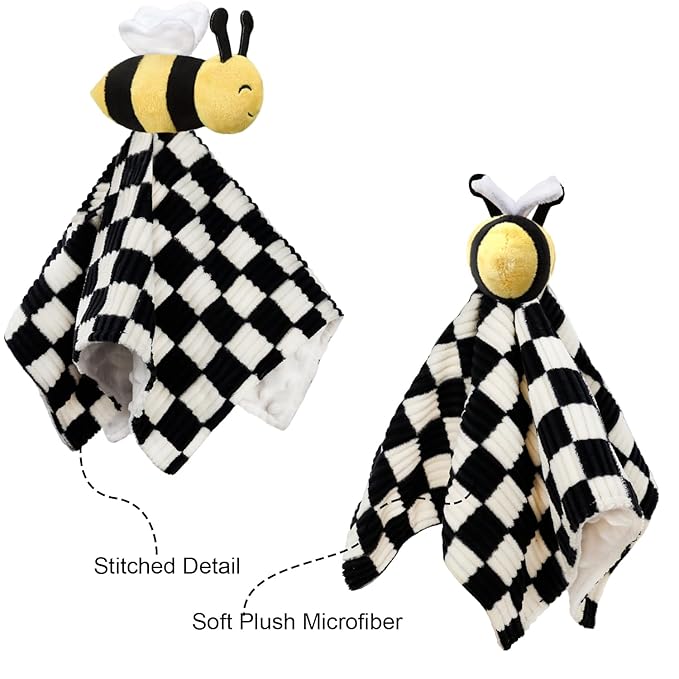 Baby Lovey Blanket for Boys Girls Super Soft Checkerboard Gingham with Minky Dot Fabric Backing Bee Stuffed Animal Lovely Snuggle Toy Black 14 Inch