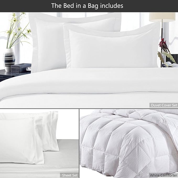 8 Pieces 100% Cotton Solid White California King Goose Down Bed in a Bag Set Including 600TC Sheet Set + 600TC Duvet Cover Set+ All Season Striped Goose Down Comforter 600 Fill Power