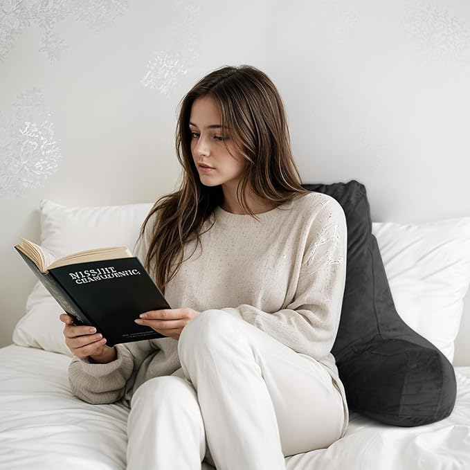 Reading Pillow for Sitting in Bed Adult, Reading Pillow with Shredded Memory Foam, Back Pillow for Bed Sitting Up with Extend Arms, Pockets, Pillow with Washable Cover,Black, X-Large