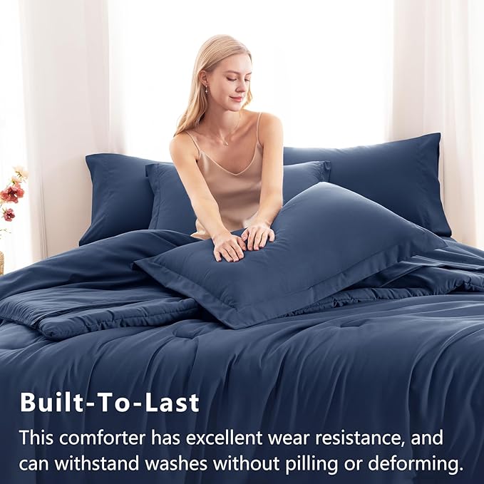 CozyLux Full Comforter Set Navy Blue, 7 Pieces Bed in a Bag, Bedding Comforter Set with Sheets, All Season Boho 7PC Bed Sets with Comforter, Fitted Sheets, Flat Sheets, Pillow Shams and Pillowcases
