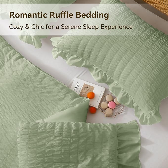 JOLLYVOGUE Sage Green Twin Size Comforter Set, 2 Pieces Seersucker Lightweight Fluffy Bedding Set, Twin Ruffle Comforter, All Season Soft Microfiber Shabby Chic Bed Set