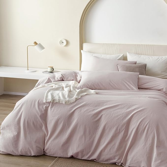 JIYUAN 100% Washed Cotton Duvet Cover Set King Size, Linen Feel Soft Breathable Bedding Set with Zipper Closure, 104x90 Duvet Cover (Comforter Not Included) & 2 Pillowcases, Heathered Greyish Pink