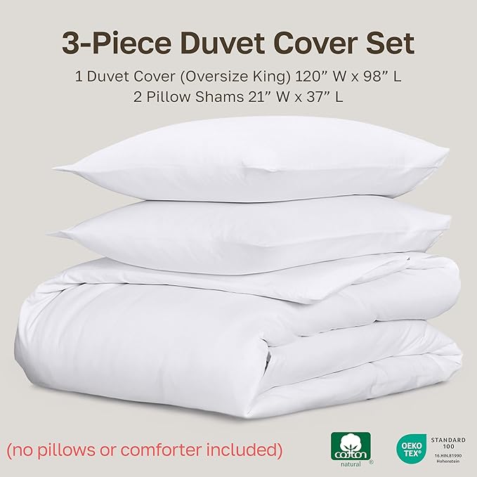 California Design Den 3 Pc Oversized King Duvet Cover Set - Winner Good Housekeeping Best Bedding Awards 2025, 400 Thread Count Sateen, 100% Cotton Duvet Cover Set, Button Closure, Corner Ties - White