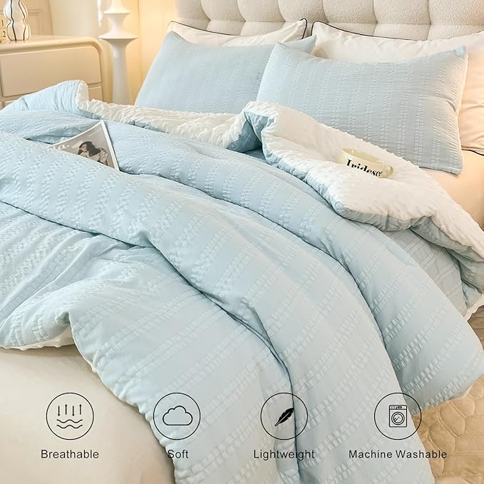 Boho Comforter Set Twin Size Striped Pleats Bohemian Seersucker Bedding Set All Season Soft Cozy 2 Pieces Quilt with 1 Pillowcase(68"X90" Light Blue)