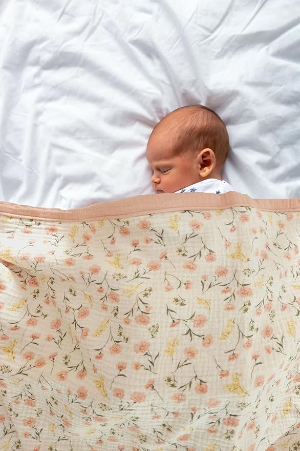 Little Jump Muslin Baby Blankets for Girls, Large 47" x 47" Cotton Crib Blanket for Baby Infant Toddler, Soft Breathable and Lightweight Toddler Quilt for Girls (Peach Floral)