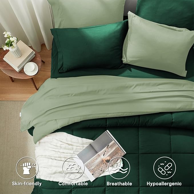 Anluoer Full Comforter Set,Emerald Green&Sage Bed in a Bag 7 Piece,Lightweight Bedding Set with Soft Down Alternative Fill,Bed Set Includes Comforter, Fitted Sheet, Flat Sheet,Pillowcases and Shams