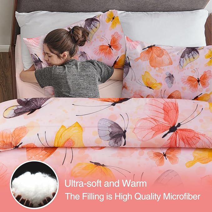 A Nice Night 6pcs Bed in A Bag Watercolor Ink Wash Tie-Dye Butterfly Printed, Butterflies Bedding Comforter Set, Orange Twin