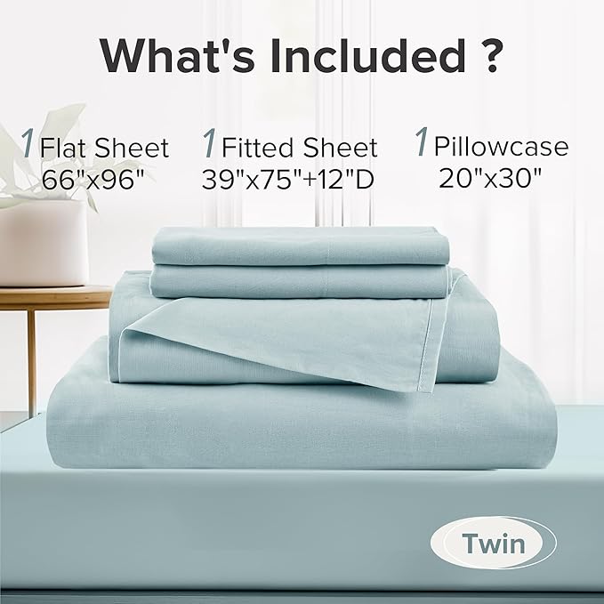 Comfort Spaces 100% Cotton Sheets Twin, Breathable, Soft Cotton Sheets, Naturally Cool Cotton Bed Sheets with 12" Elastic Pocket Fits up to 14" Mattress, All Season Sheet Set, Twin Light Blue 3 Piece