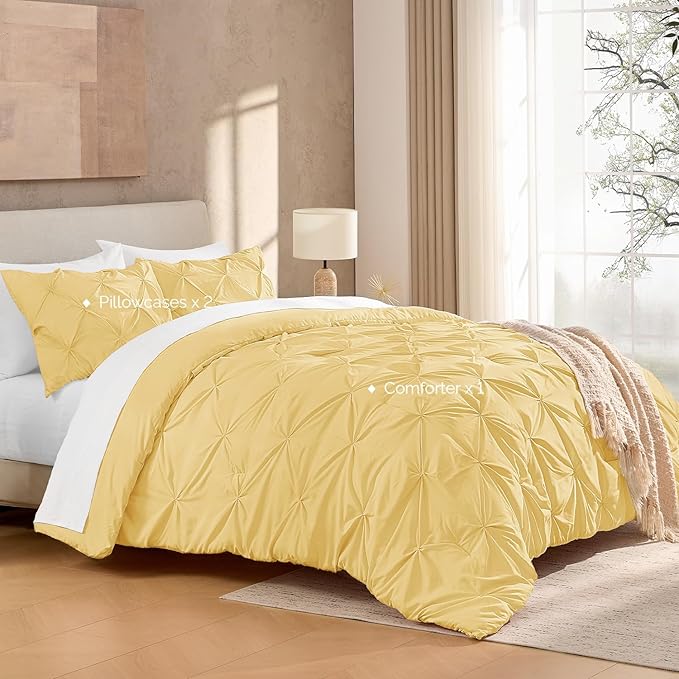 Andency Yellow Pinch Pleat Comforter Queen(90x90Inch), 3 Pieces(1 Pintuck Comforter and 2 Pillowcases) Pintuck Comforter Set, Microfiber All Season Down Alternative Bedding Set