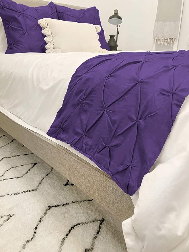 Bed Runner Set - 100% Pure Cotton 800 Thread Count - Luxury 1 Pinch Pleated Bed Runner and 4 Pillow Cover - 5 Piece Pinch Pleated Bed Runner Set Twin, Purple