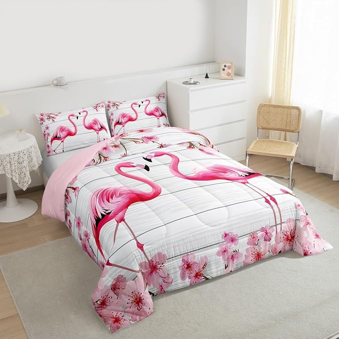 Erosebridal Flamingo Bedding Set King,Cherry Blossoms Comforter Set for Girls Boys Teens Women,Pink Tropical Bird Animal Comforter Flower Rustic Wooden Board Quilt Duvet Sets with 2 Pillow Cases