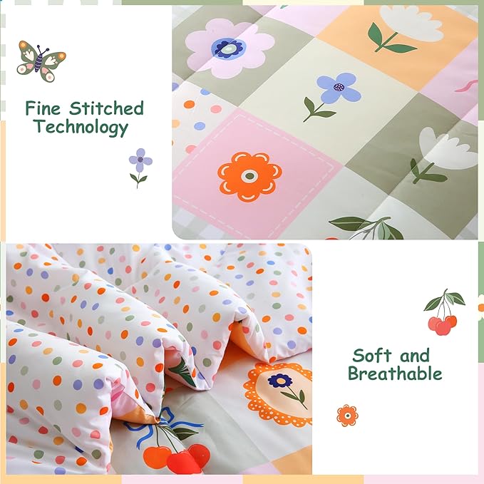Mooreeke Kids Full Comforter Sets for Girls 8 Pieces Floral Butterfly Bedding Set for Teens Microfiber Splice Block Flower Kids Bed in A Bag with Comforter, Sheet Set, Shams and Decorative Toy Pillow
