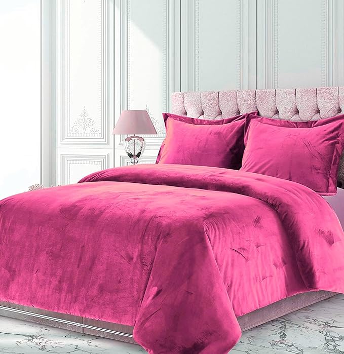Pink 3 Pieces Velvet Comforter Set Twin XL Size (Comforter + 2 Pillowcases) Crinkle Crushed 400 GSM