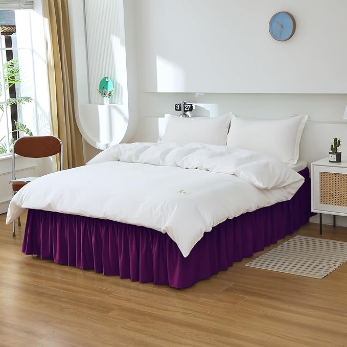 MEILA Wrap Around Bed Skirt Three Fabric Sides Elastic Dust Ruffled 14 Inch Tailored Drop,Easy to Install Fade Resistant-Purple, Queen/King