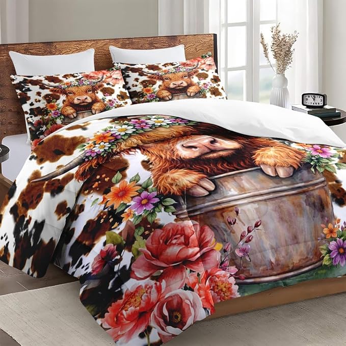 Queen Size Comforter Set with 2 Pillowcases, Flower Cute Cow Print 3 Pcs Bedding for Kids and Adults, Happy Highland Bull Soft Comforter Set for Bedroom Bed Decor