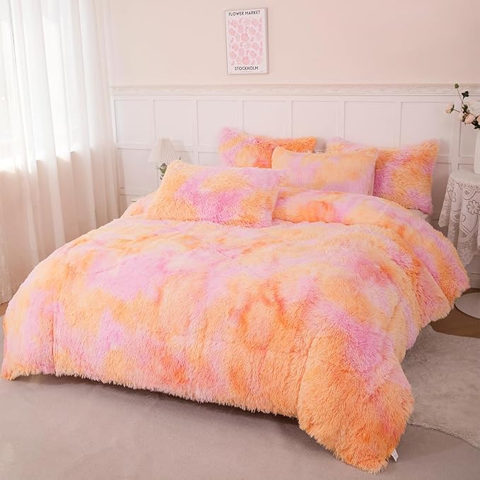 PERFEMET Orange Faux Fur Plush Comforter Set Full Size 3 Pieces Colorful Fluffy Tie Dye Girls Bedding Set Ultra Soft Warm Velvet Furry Fuzzy Bed Comforter(Orange Pink, Full)