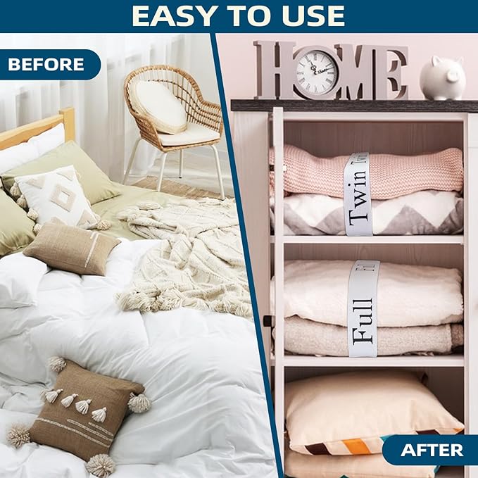 Bed Sheet Organizer Bands Bed Sheet Organizer and Storage Size Label Bands for Closet Organization Linen Elastic Bedding Straps for Foldable Bedsheet, Pillow Case, Duvet