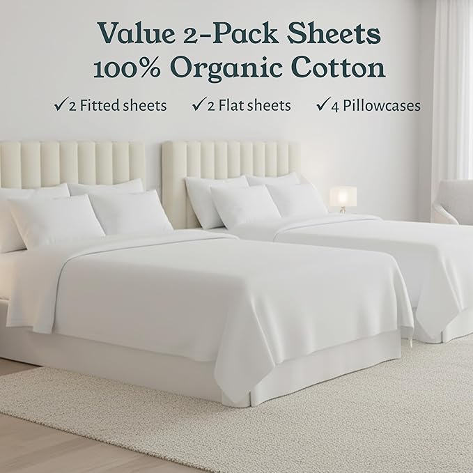 California Design Den 2-Pack Queen Bedsheet Sets - 100% Organic Cotton, Crisp, Breathable and Lightweight Percale, Deep Pocket Sheet & Pillowcase Sets - Blue Hydrangea