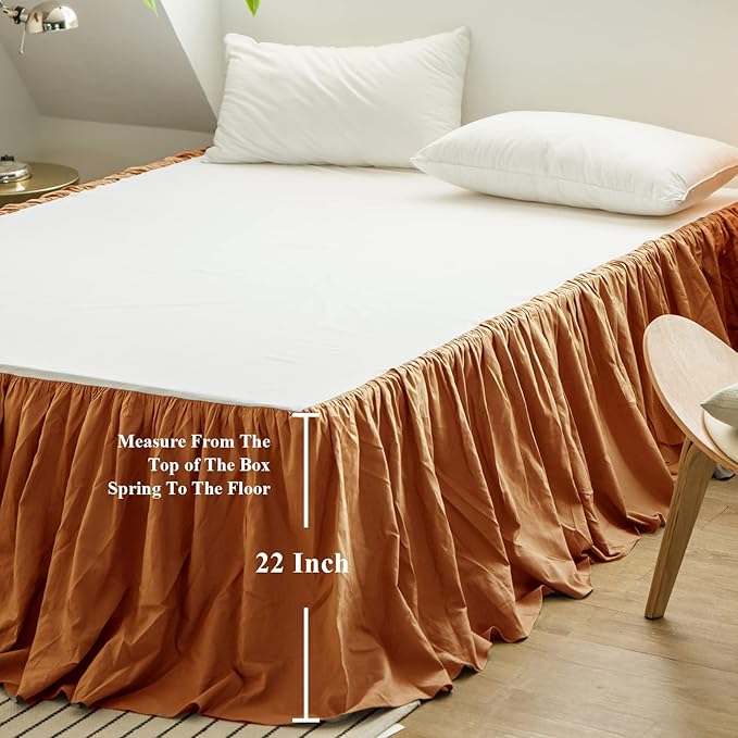 BISELINA French Linen Bed Skirt with Pleated Frills 22-Inch Tailored Drop Natural Flax Cotton Blend Dust Ruffle Soft Cozy Farmhouse Bedding (22" Queen, Rust)