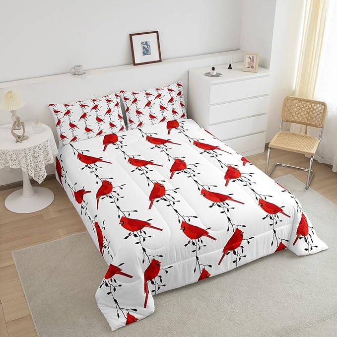 Feelyou Kids Cute Bird Bedding Set for Girls Boys Children Red Birds Cardinals Comforter Decorative Black Tree Branches Comforter Set Farmhouse Country Style Duvet Set Twin Size 2Pcs Quilt Set