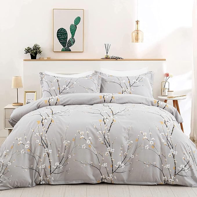 WONGS BEDDING Light Grey Duvet Cover Set Queen, Flower Plum Blossom Prnited Bedding Set with 1 Pillowcase,3 Pcs Soft Microfiber Comforter Cover with Zipper Closure for Kids 90"x90"(Not Comforter)