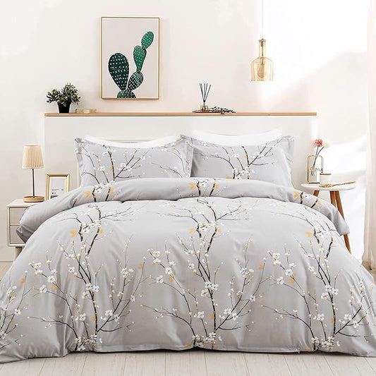 WONGS BEDDING Light Grey Duvet Cover Set Queen, Flower Plum Blossom Prnited Bedding Set with 1 Pillowcase,3 Pcs Soft Microfiber Comforter Cover with Zipper Closure for Kids 90"x90"(Not Comforter)