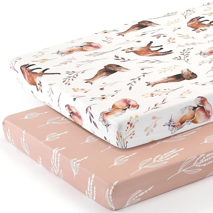 GRSSDER Stretchy Ultra Soft Jersey Knit Fitted Pack n Play Sheets Set 2 Pack, Universal Fit Portable/Mini Crib, Playards Mattress Pads Safe and Snug, Pretty Fox for Baby Girls