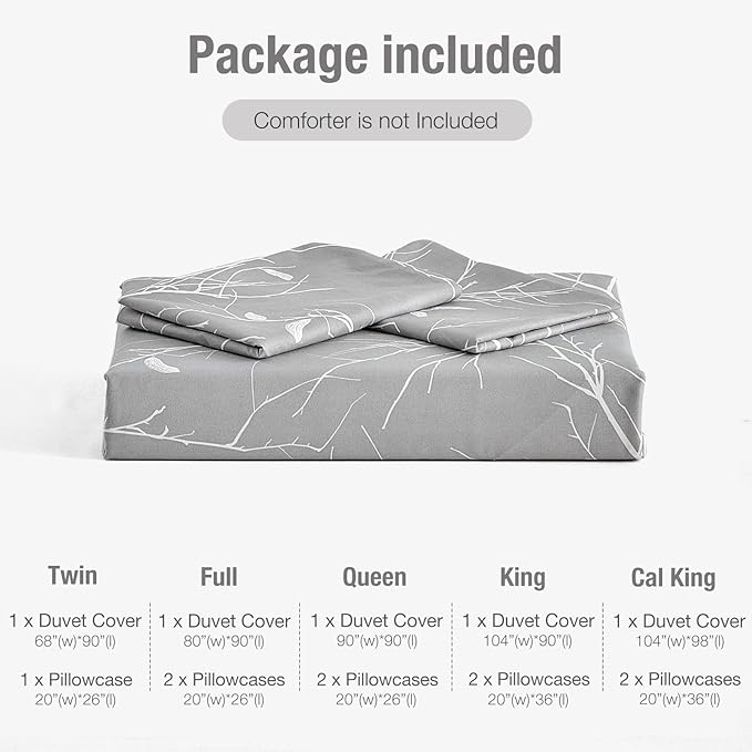 Lekesky Reversible Duvet Cover King Size, Grey White Branch Comforter Cover King 3pcs Microfiber Botanical Bedding Set with Zipper Closure Corner Ties