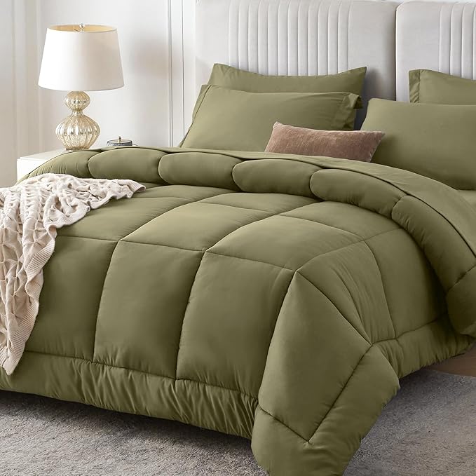 Sasttie California King Comforter Set, 7 Pieces Cal King Bed in a Bag, Complete Bedding Set Includes Comforter, Flat Sheet, Fitted Sheet, Pillowcases and Pillow Shams, Olive