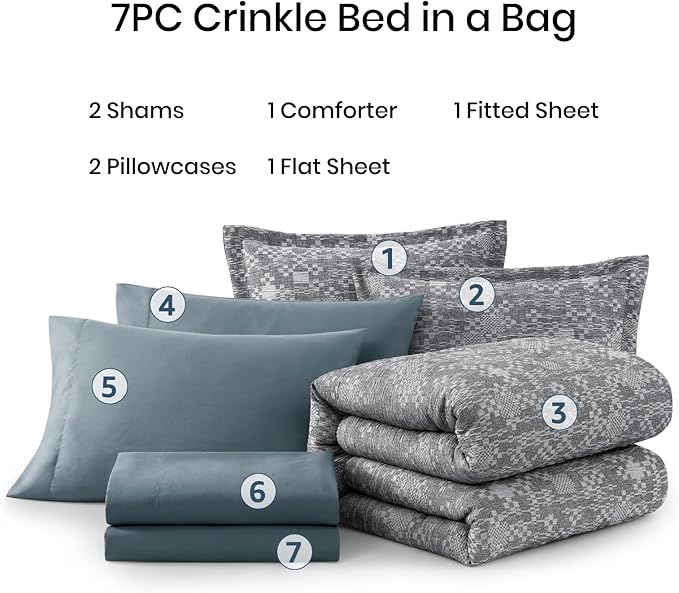 MaiRêve Queen Comforter Set Navy Blue, Crinkle Textured Design Bedding Set 7 Pieces Bed in A Bag, All Season Farmhouse Comforter Set with Sheets, Pillowcases & Shams