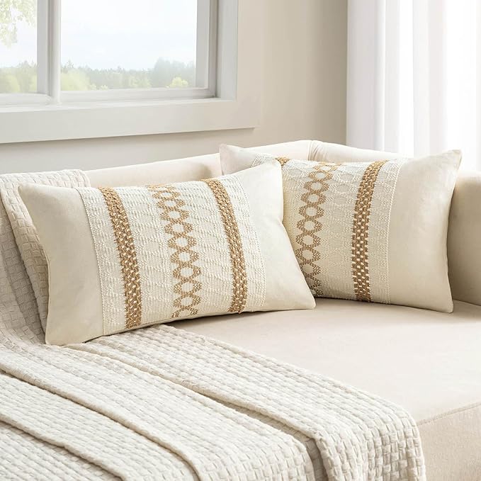 MIULEE Set of 2 Neutral Boho Decorative Lumbar Pillow Covers 12x20 Inch Farmhouse Rustic Couch Throw Pillows Modern Cotton Cushion Covers Retro Cute Macrame Woven Spring Home Decor for Bed Sofa Chair
