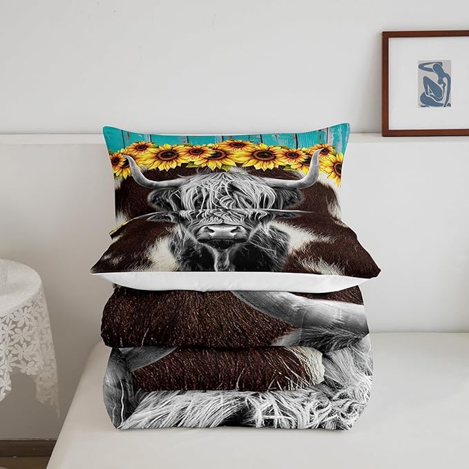 Highland Cow Bedding Sets Full Brown Cow Fur Print Comforter For Kids Boys Girls 3D Sunflowers Quilt Funny Farmhouse Animal Duvet Set Retro Woodren Board Backdrop Down Comforter,Black Brown Blue