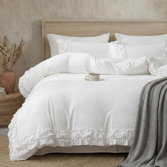 Bedorm White Ruffle Duvet Cover Queen Shabby Chic Bedding Set Pleat Ruffled Farmhouse Pure White Comforter Cover Extra Soft & Easy Care Boho Duvet Cover Set