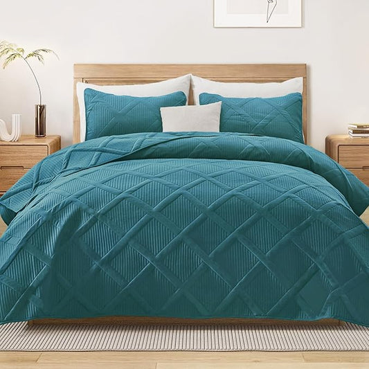 Exclusivo Mezcla Quilts Queen Size - Teal Quilt Set Bedspread with 2 Pillow Shams, Modern Bedding Set with Striped Pattern, Soft Lightweight Bedspreads Queen Size for All Seasons