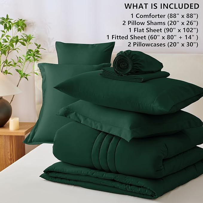 CozyLux Queen Size Comforter Sets - 7 Piece Bed in a Bag Emerald Green Comforter Set with Sheets Queen Bed Set All Seasons, Bedding Set with Down Alternative Comforter, Sheets, Pillowcases & Shams