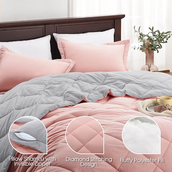Basic Beyond King Size Comforter Set - Pink King Size Comforter Set, Reversible King Bed Comforter Set for All Seasons, Baby Pink/Grey, 1 Comforter (104"x92") and 2 Pillow Shams (20"x36"+2")