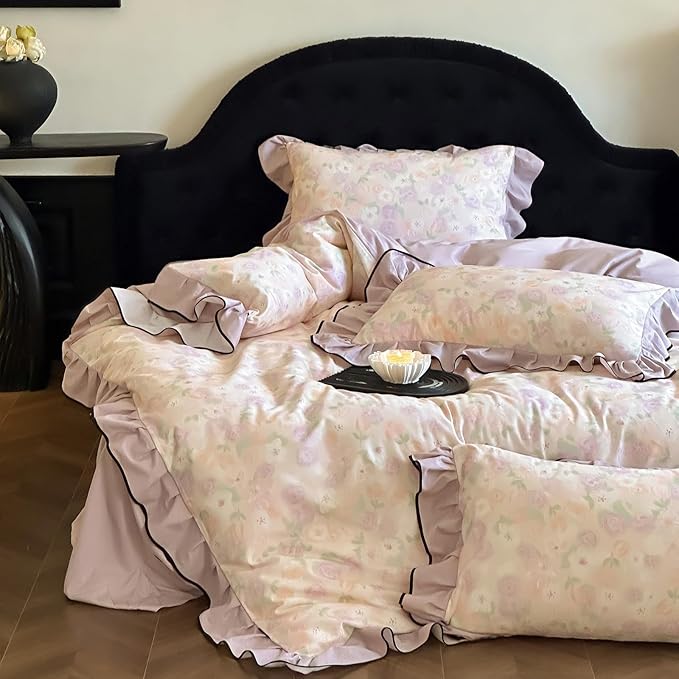 HighBuy Ruffle Floral Duvet Cover Twin Size,Chic Cottagecore Brushed Cotton Comforter Cover Set 3 Piece Coquette Farmhouse Bedding for Teen College,Breathable Durable