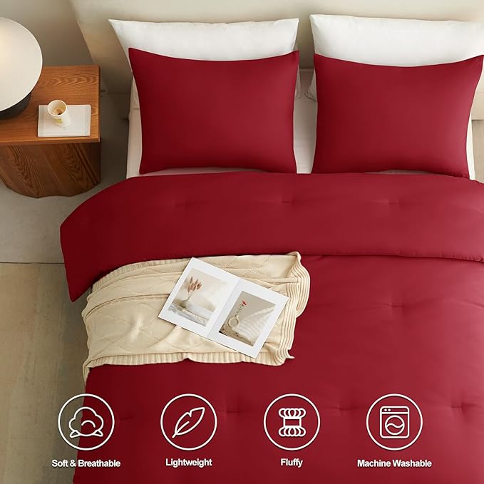 CozyLux Full Size Comforter Set Dark Red, 3 Pieces Solid Breathable Quilted Style Bedding Sets, Luxury Soft Bed Set with Down Alternative Comforter for All Season (1 Comforter & 2 Pillowcases)