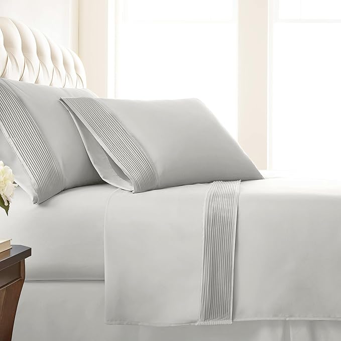 Southshore Fine Living, Inc. Pleated Sheets with Embroidered Hem, 4-Piece, 21 Inch Deep Pocket Sheets Full Size Set, Pet Hair Resistant, Breathable Microfiber, Wrinkle Free, Light Grey Sheet Set