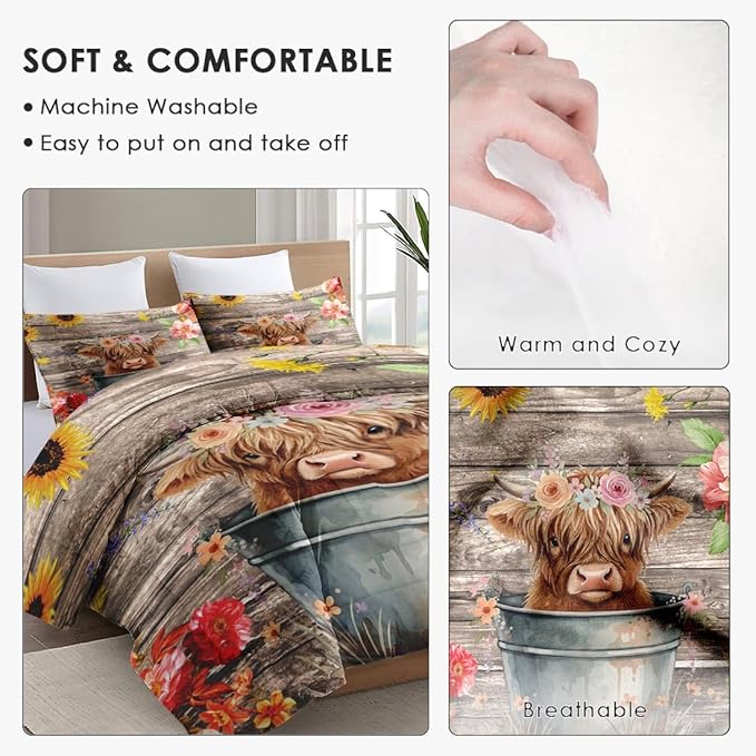 King Size Comforter Set with 2 Pillowcases, Happy Cute Cartoon Soft 3 Pcs Bedding for Kids and Adults, Highland Cow Flower Comforter Set for Bedroom Bed Decor