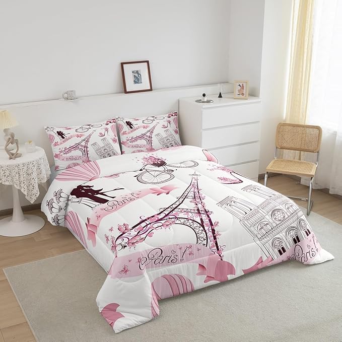 Paris Eiffel Tower Bedding Set for Girls Kids Couple Lover Romantic French Comforter Trip Design Comforter Set Pink White Room Decor Famous Cityscape Duvet Set Twin Size Bedspreads Coverlet Sets Boys