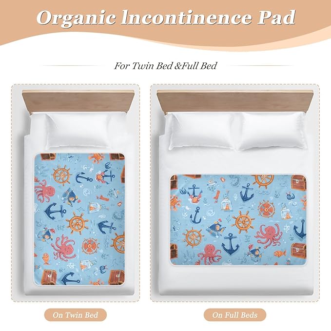 Waterproof Bed Pad Reusable Changing Pad Toddler Mattress Protector Large Pee Pad Baby Diaper Pad Soft Washable Liner Blue Pirate Treasure Box Anchors Octopus