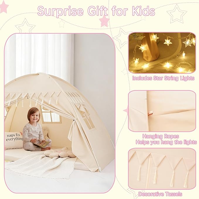 Akiky Bed Tent Bed Canopy Twin Size with Bottom,Kids Tent Indoor Floor with Lights Portable Foldable Bunk Curtains for Girls Boys (Natural, Twin)