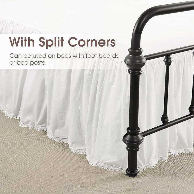 Twin Size 21" Drop - White Lightweight Cotton Bed Skirt with Crochet Trim - Dust Ruffle with Split Corner - Soft, Elegant, Breathable Bedding Accessory